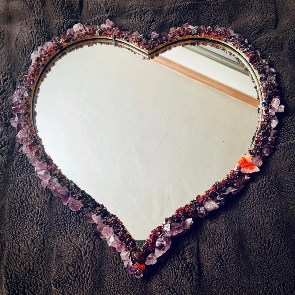 Amethyst & Garnet Encrusted Heart Shaped Wall Hanging Mirror 18inx16in